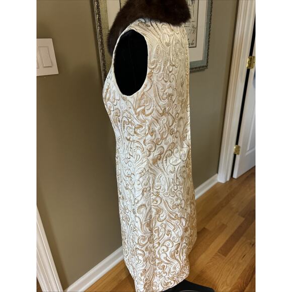 Joseph Magnin 1960 gold brocade real mink collar cocktail dress sz 8/10 back zip - Picture 5 of 15